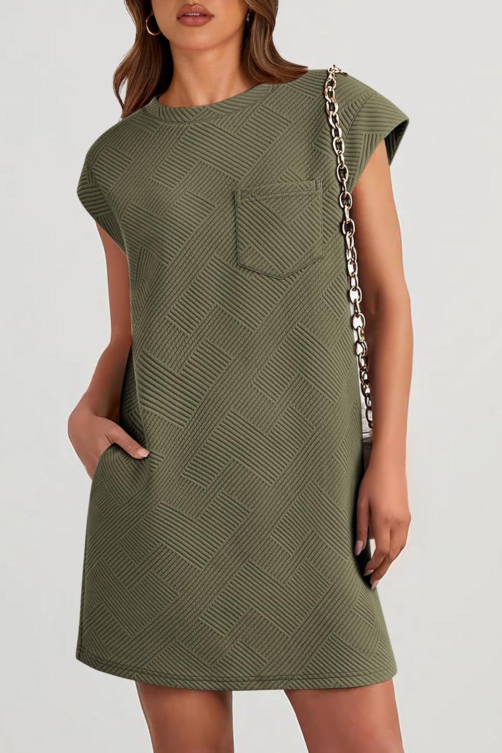 imagePRETTYGARDEN Womens Summer Short T Shirt Dress Cap Sleeve Crew Neck Casual Loose Basic Mini DressesArmy Green
