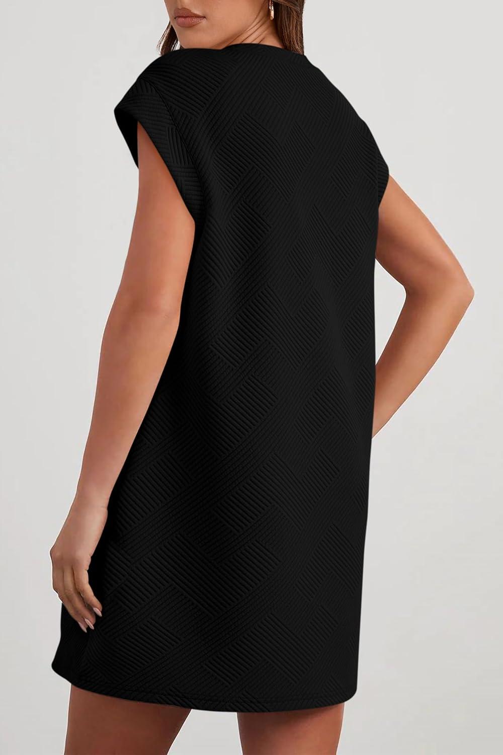 imagePRETTYGARDEN Womens Summer Short T Shirt Dress Cap Sleeve Crew Neck Casual Loose Basic Mini DressesBlack
