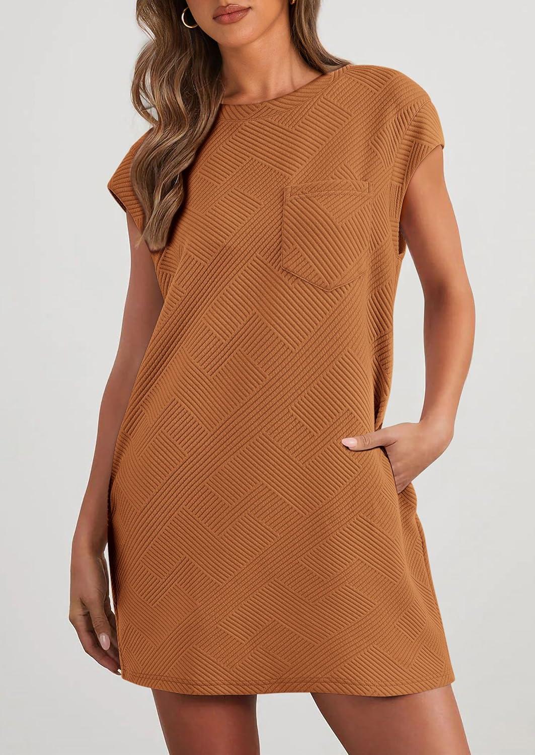 imagePRETTYGARDEN Womens Summer Short T Shirt Dress Cap Sleeve Crew Neck Casual Loose Basic Mini DressesBrown Yellow