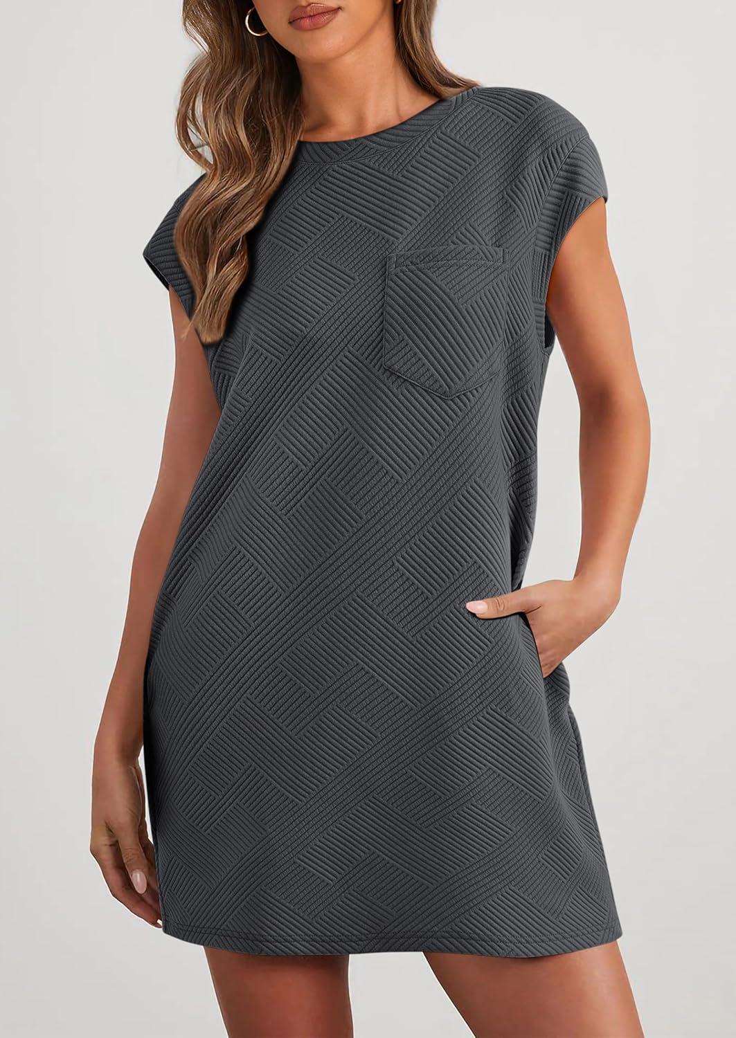 imagePRETTYGARDEN Womens Summer Short T Shirt Dress Cap Sleeve Crew Neck Casual Loose Basic Mini DressesDark Grey