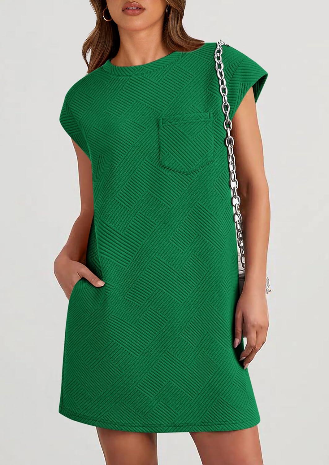 imagePRETTYGARDEN Womens Summer Short T Shirt Dress Cap Sleeve Crew Neck Casual Loose Basic Mini DressesGreen