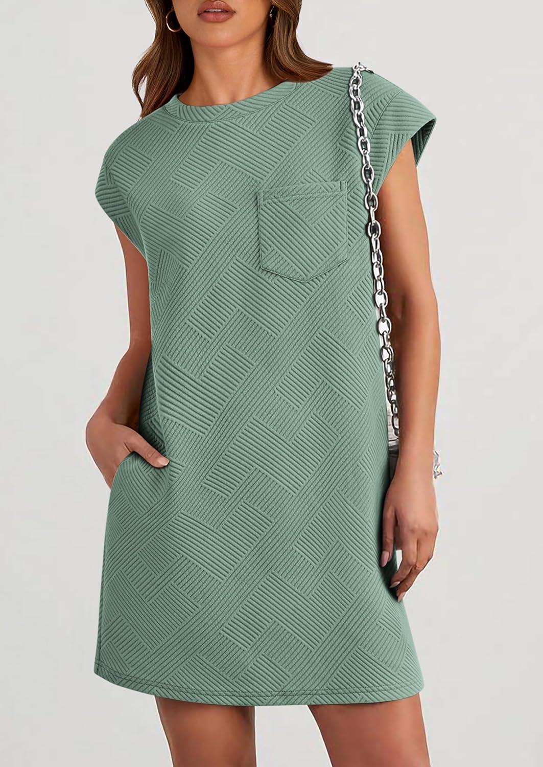 imagePRETTYGARDEN Womens Summer Short T Shirt Dress Cap Sleeve Crew Neck Casual Loose Basic Mini DressesGrey Green