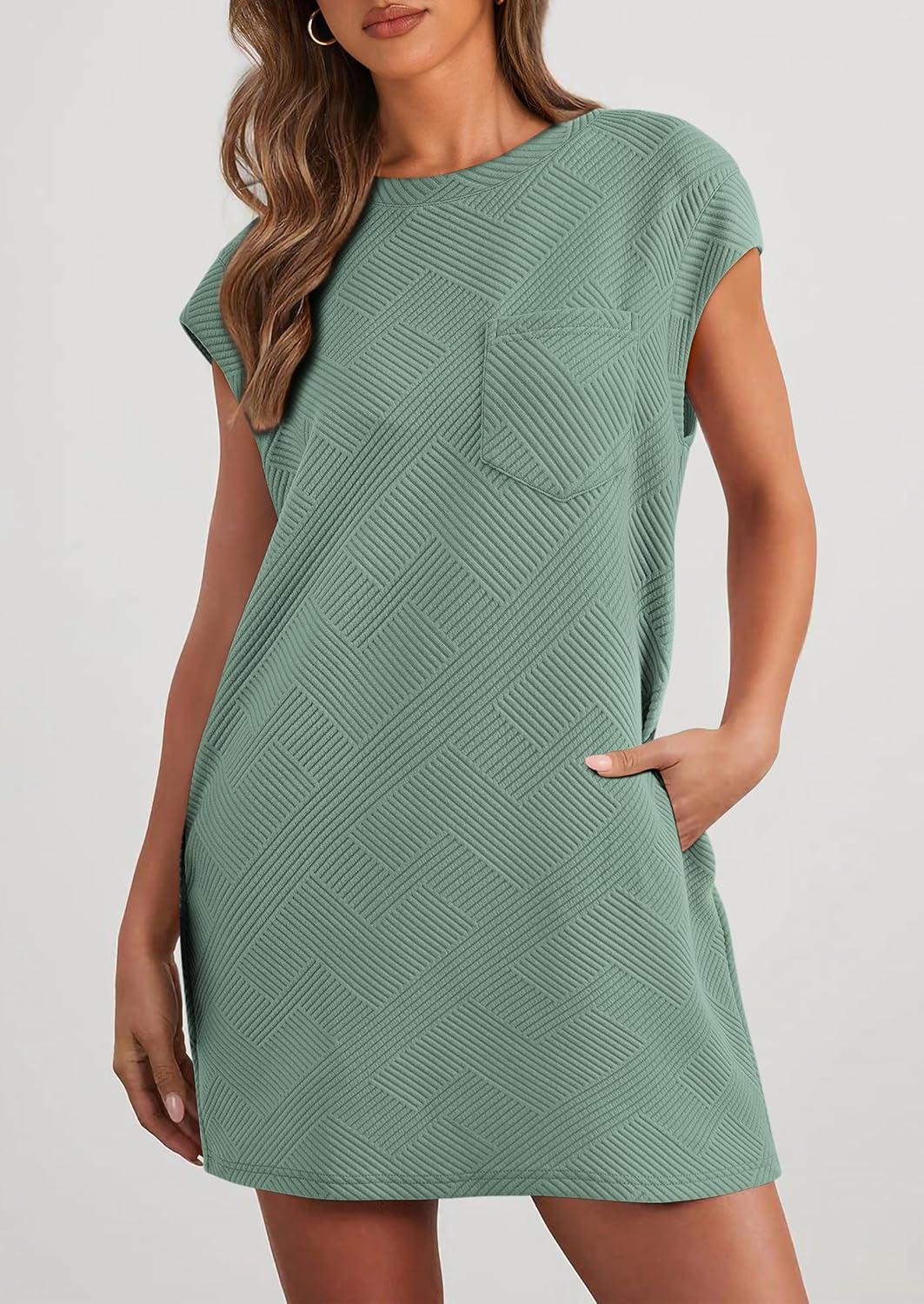 imagePRETTYGARDEN Womens Summer Short T Shirt Dress Cap Sleeve Crew Neck Casual Loose Basic Mini DressesGrey Green
