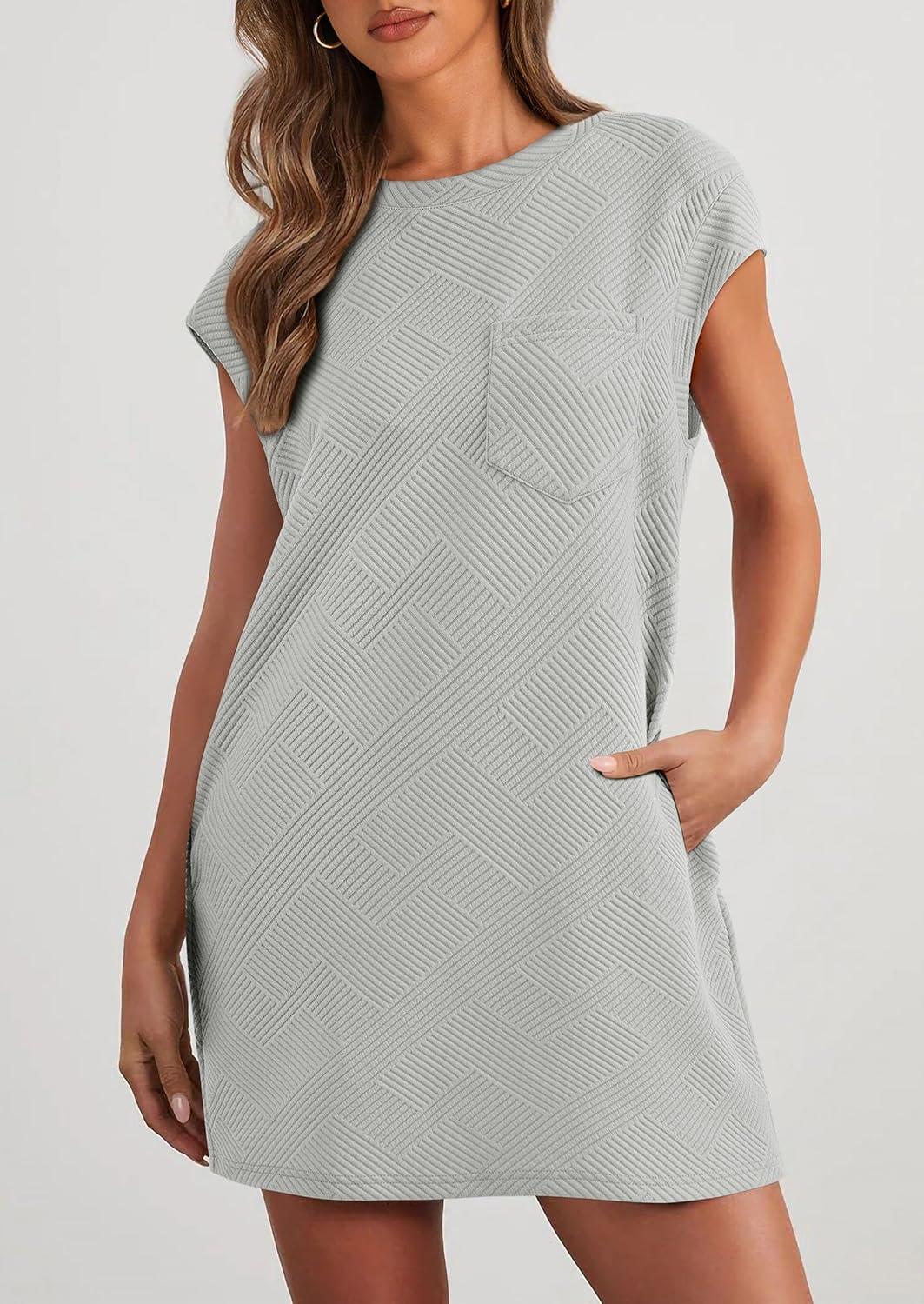 imagePRETTYGARDEN Womens Summer Short T Shirt Dress Cap Sleeve Crew Neck Casual Loose Basic Mini DressesLight Grey