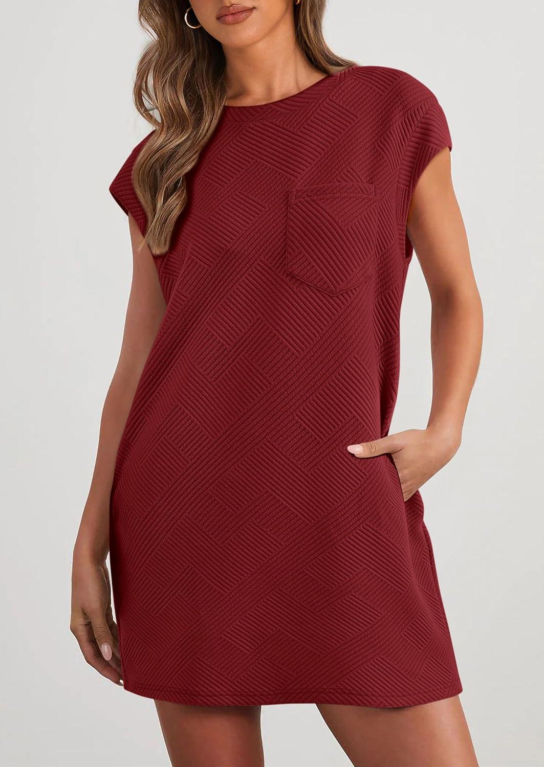 imagePRETTYGARDEN Womens Summer Short T Shirt Dress Cap Sleeve Crew Neck Casual Loose Basic Mini DressesWine Red