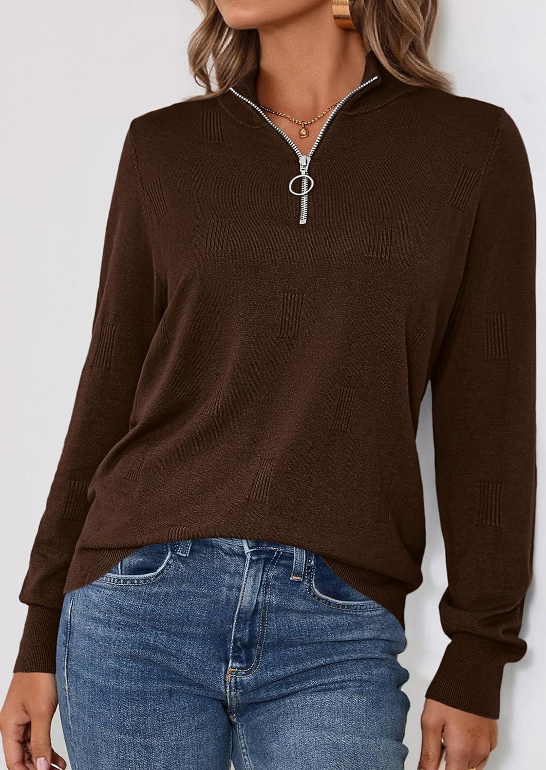 imagePRETTYGARDEN Womens Sweaters Quarter Zip Knit Long Sleeve Business Casual Pullover Tops 2026 Fall Fashion Work OutfitsBrown
