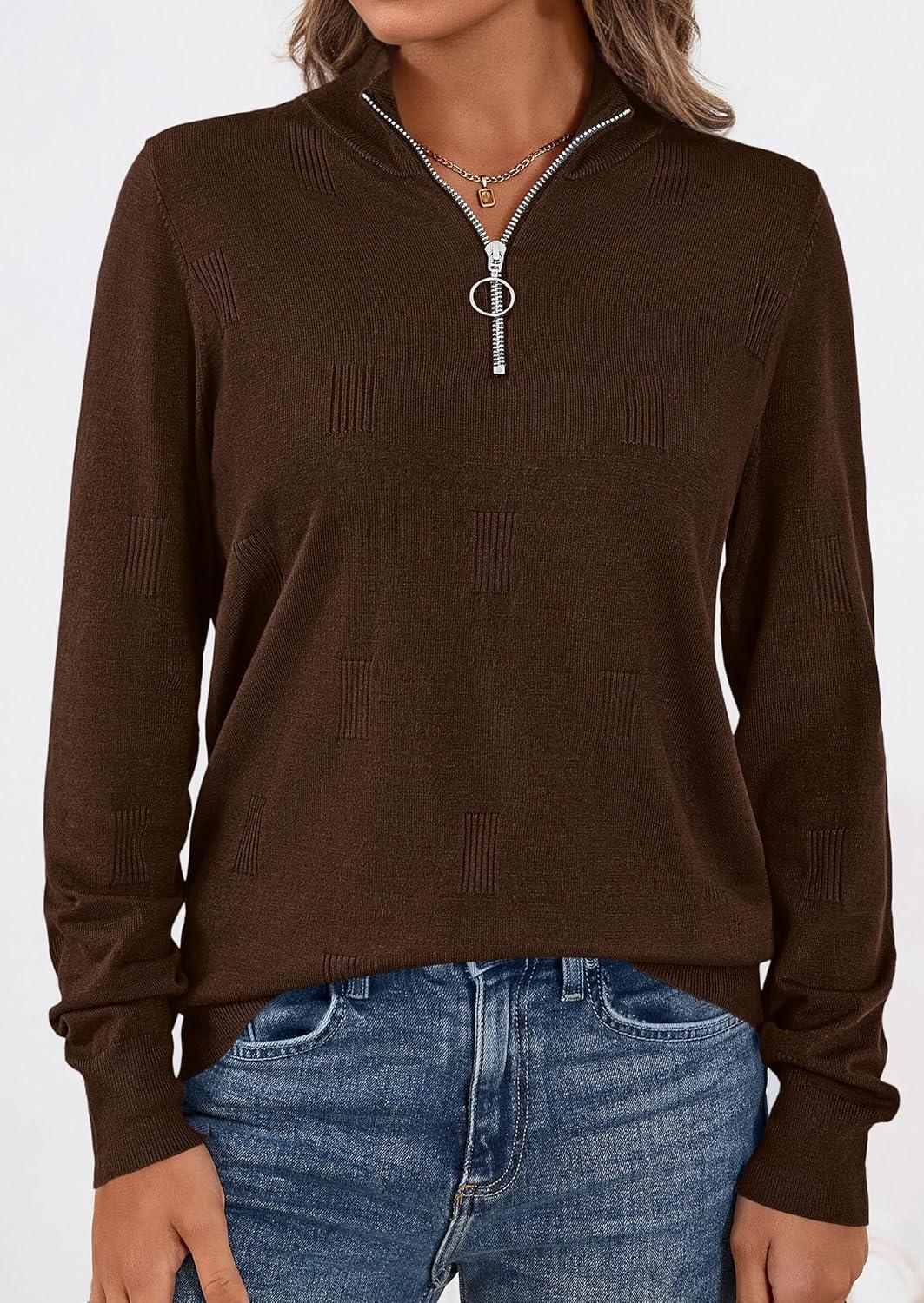 imagePRETTYGARDEN Womens Sweaters Quarter Zip Knit Long Sleeve Business Casual Pullover Tops 2026 Fall Fashion Work OutfitsBrown