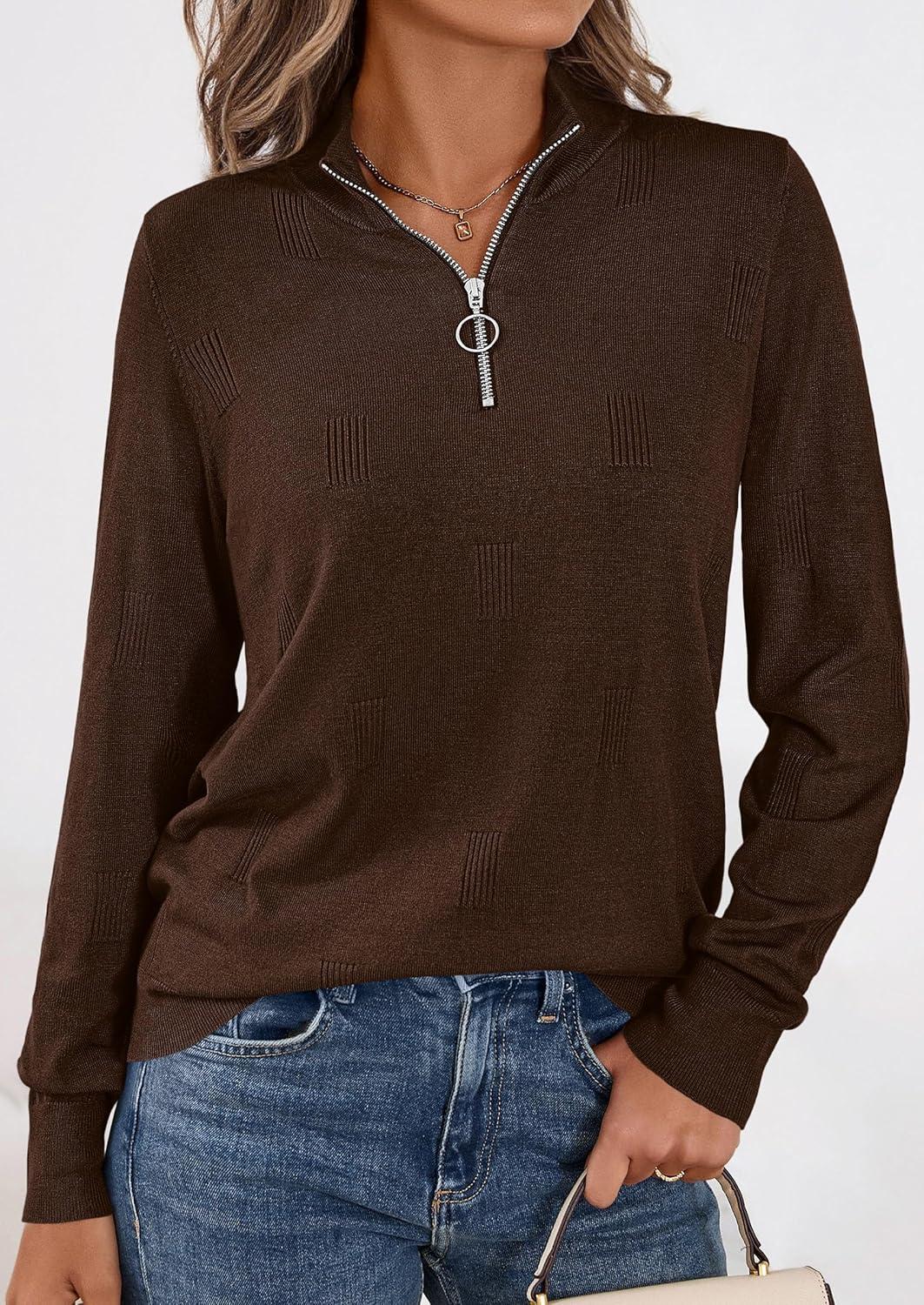 imagePRETTYGARDEN Womens Sweaters Quarter Zip Knit Long Sleeve Business Casual Pullover Tops 2026 Fall Fashion Work OutfitsBrown