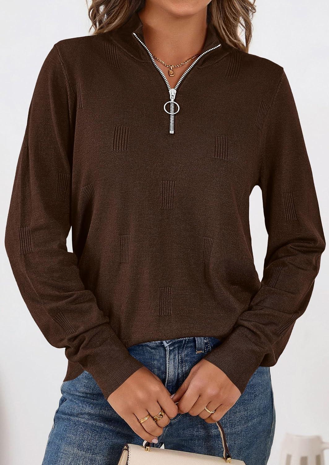 imagePRETTYGARDEN Womens Sweaters Quarter Zip Knit Long Sleeve Business Casual Pullover Tops 2026 Fall Fashion Work OutfitsBrown