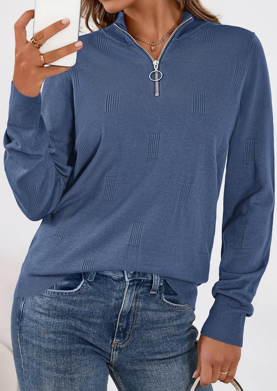 imagePRETTYGARDEN Womens Sweaters Quarter Zip Knit Long Sleeve Business Casual Pullover Tops 2026 Fall Fashion Work OutfitsGrey Blue