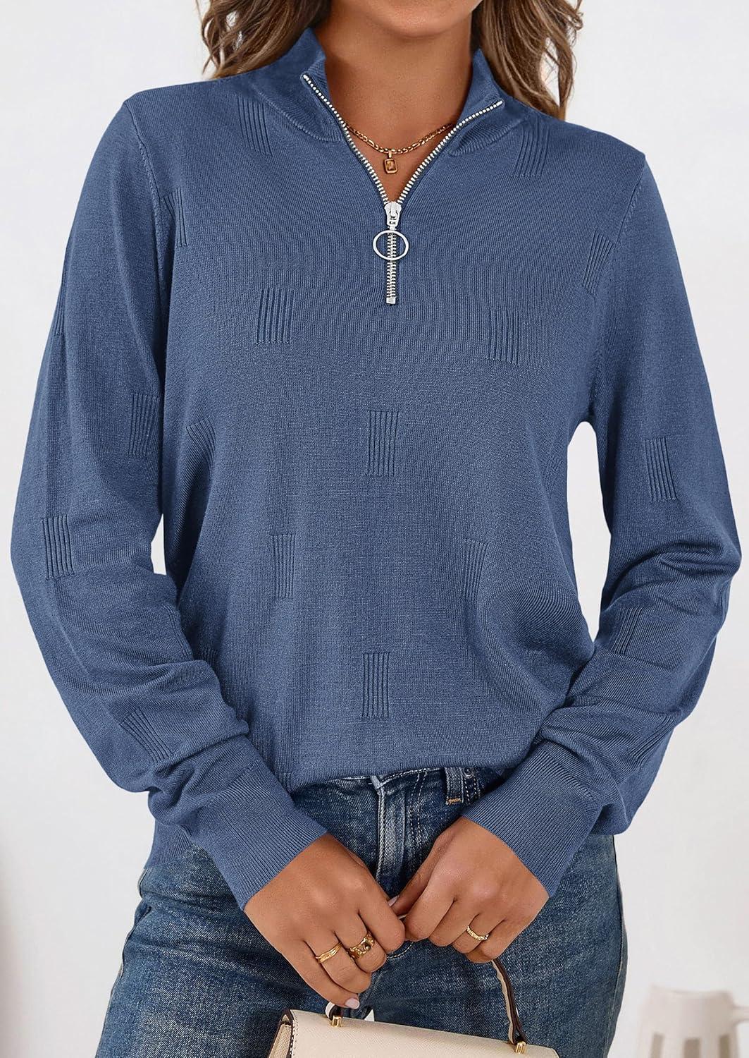 imagePRETTYGARDEN Womens Sweaters Quarter Zip Knit Long Sleeve Business Casual Pullover Tops 2026 Fall Fashion Work OutfitsGrey Blue
