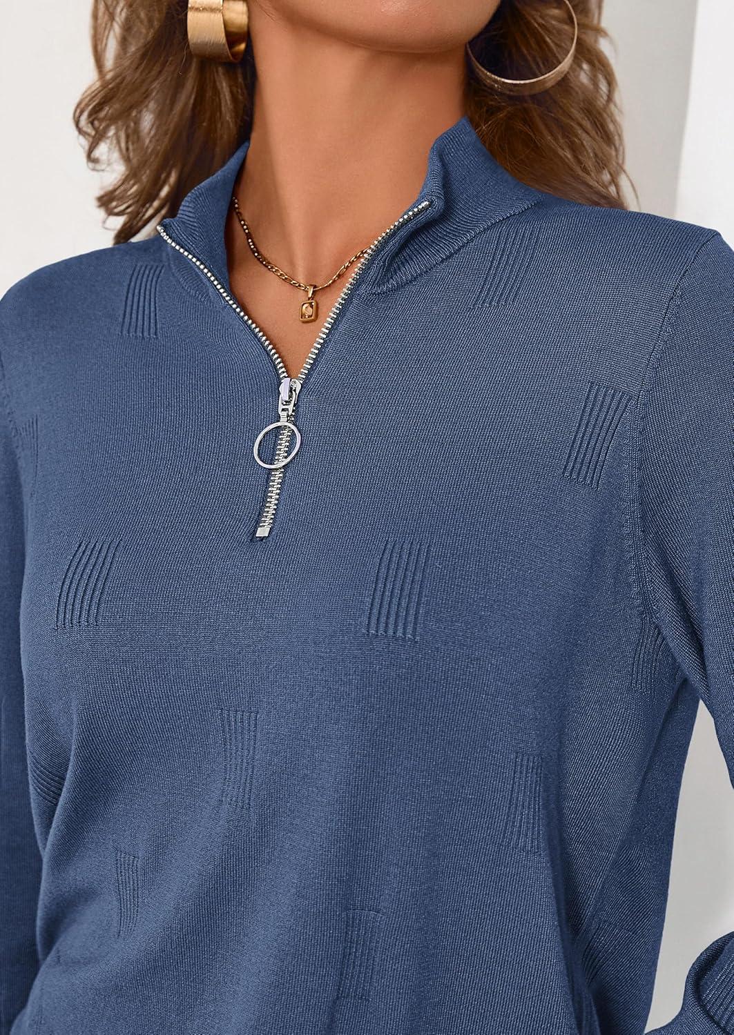 imagePRETTYGARDEN Womens Sweaters Quarter Zip Knit Long Sleeve Business Casual Pullover Tops 2026 Fall Fashion Work OutfitsGrey Blue