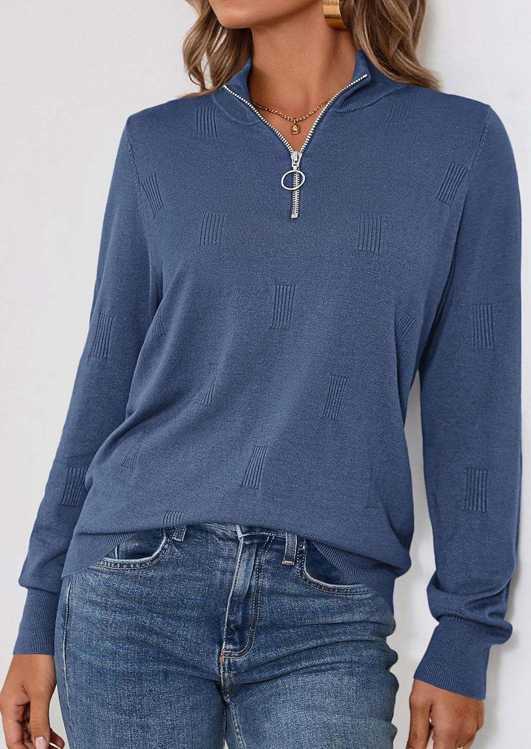 imagePRETTYGARDEN Womens Sweaters Quarter Zip Knit Long Sleeve Business Casual Pullover Tops 2026 Fall Fashion Work OutfitsGrey Blue