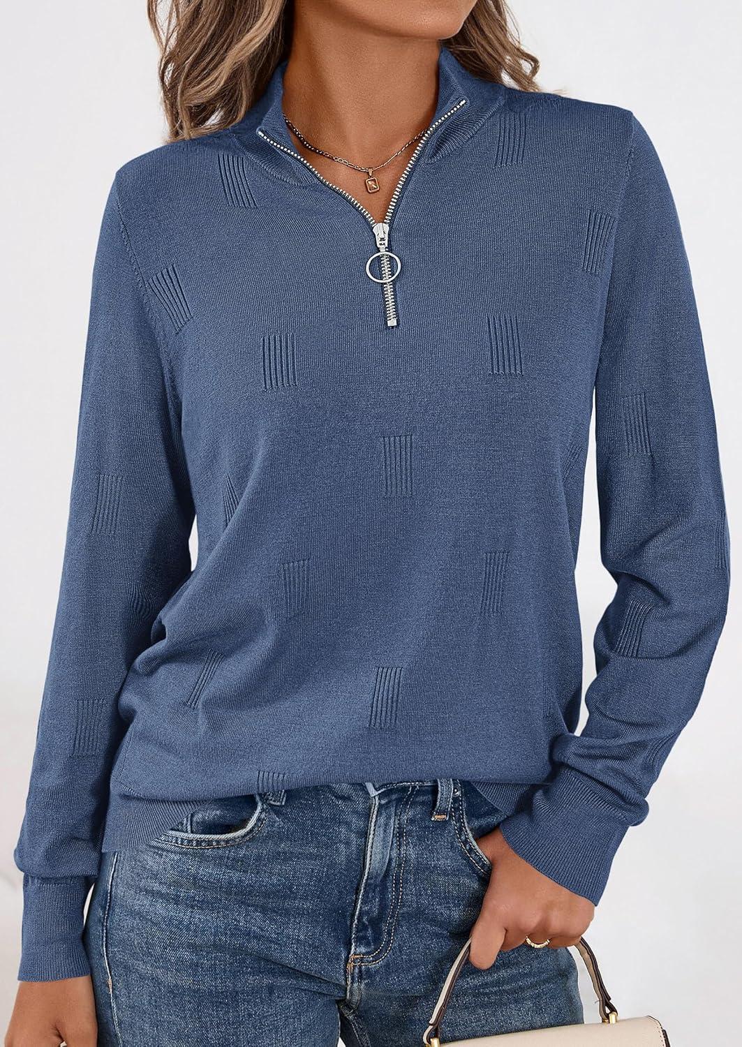 imagePRETTYGARDEN Womens Sweaters Quarter Zip Knit Long Sleeve Business Casual Pullover Tops 2026 Fall Fashion Work OutfitsGrey Blue