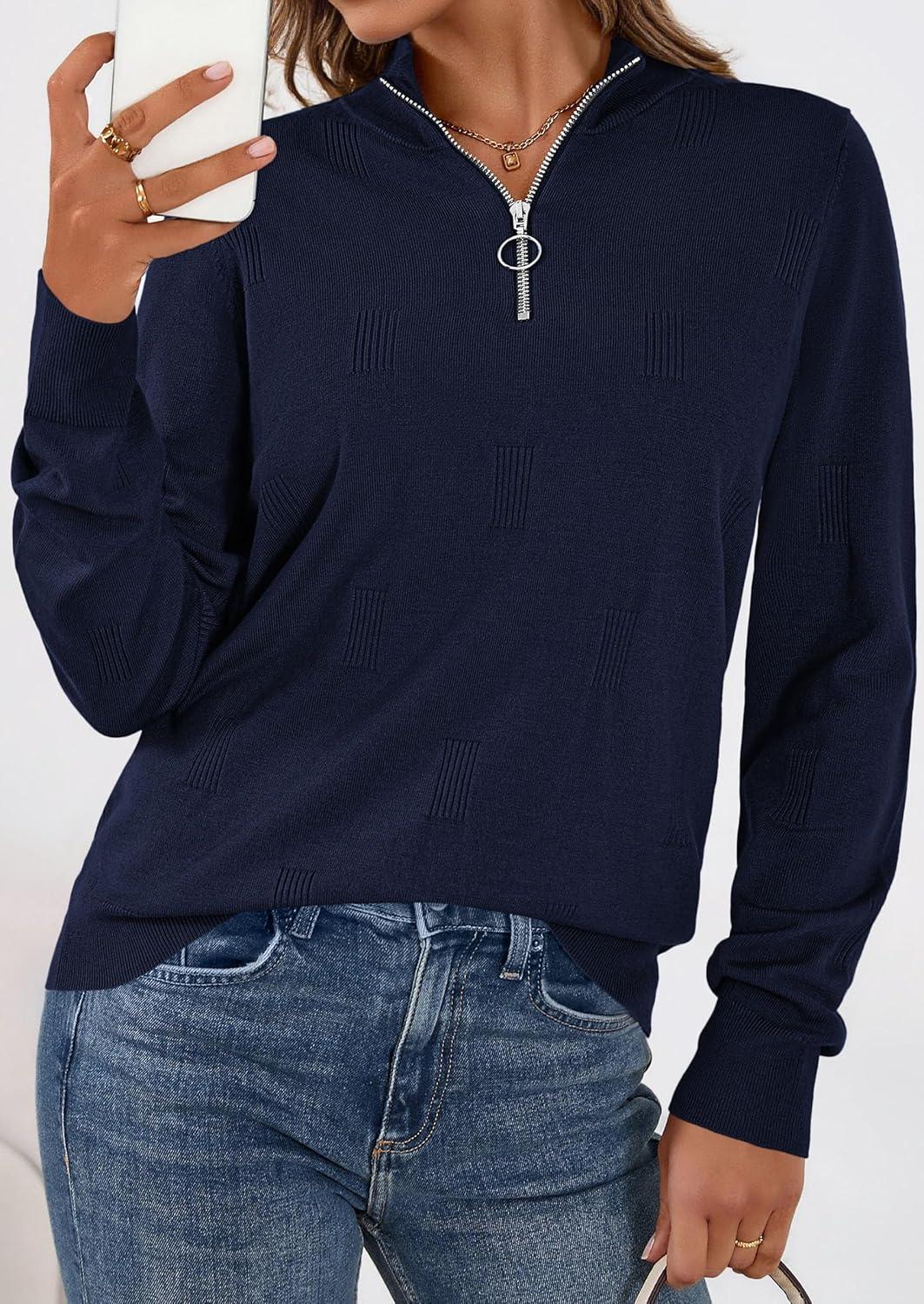imagePRETTYGARDEN Womens Sweaters Quarter Zip Knit Long Sleeve Business Casual Pullover Tops 2026 Fall Fashion Work OutfitsNavy Blue