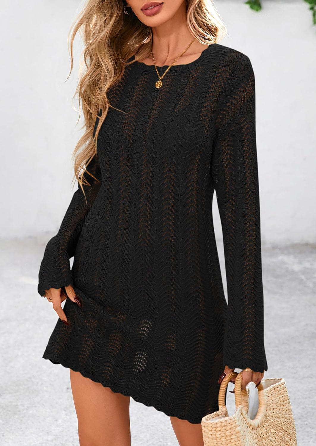 imagePRETTYGARDEN Womens Swimsuit Cover Up 2025 Summer Bathing Suit Swimwear Crochet Knit Dress Fashion Beach Vacation ClothesBlack