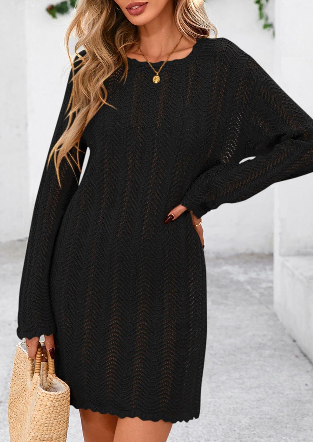 imagePRETTYGARDEN Womens Swimsuit Cover Up 2025 Summer Bathing Suit Swimwear Crochet Knit Dress Fashion Beach Vacation ClothesBlack