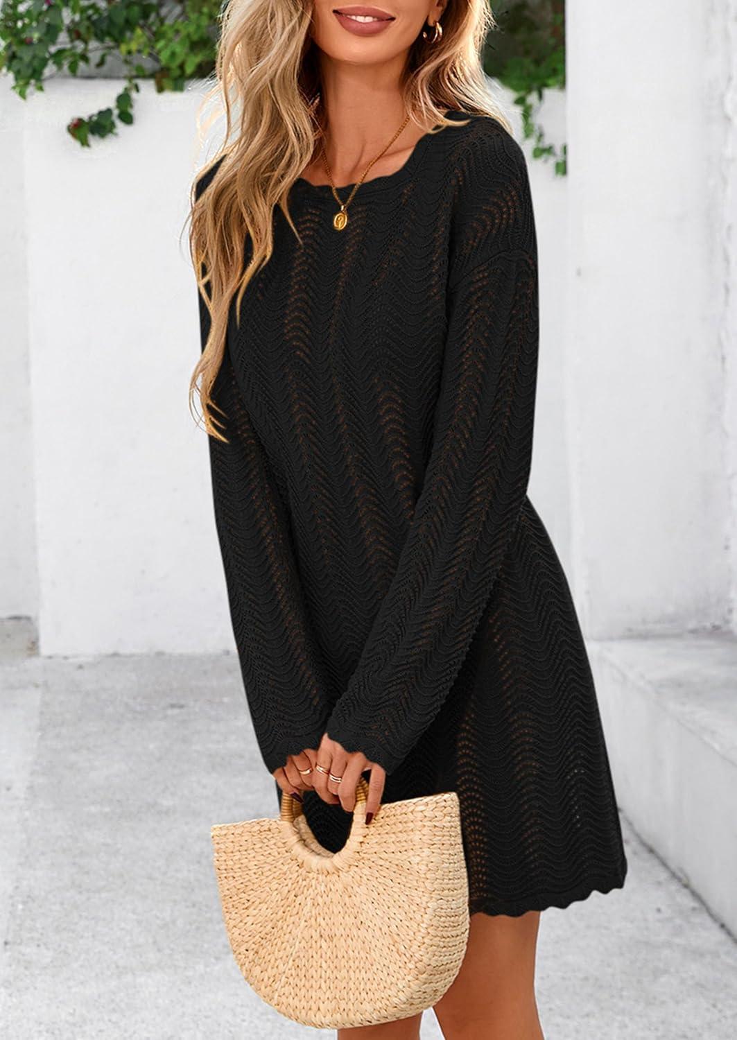 imagePRETTYGARDEN Womens Swimsuit Cover Up 2025 Summer Bathing Suit Swimwear Crochet Knit Dress Fashion Beach Vacation ClothesBlack