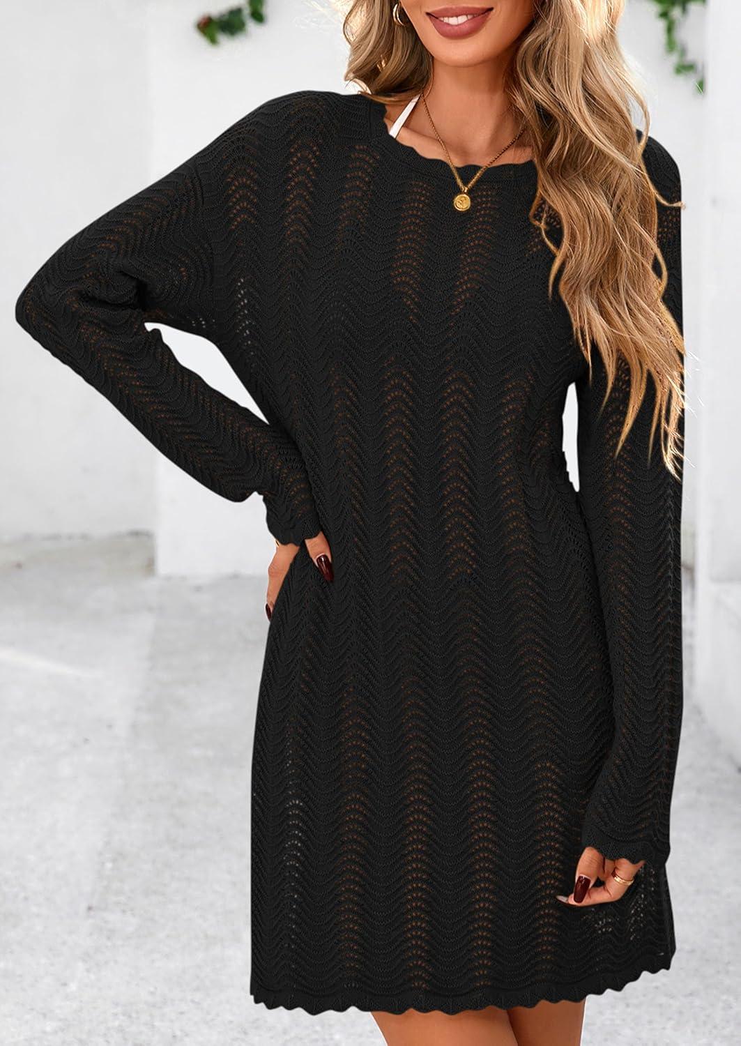 imagePRETTYGARDEN Womens Swimsuit Cover Up 2025 Summer Bathing Suit Swimwear Crochet Knit Dress Fashion Beach Vacation ClothesBlack