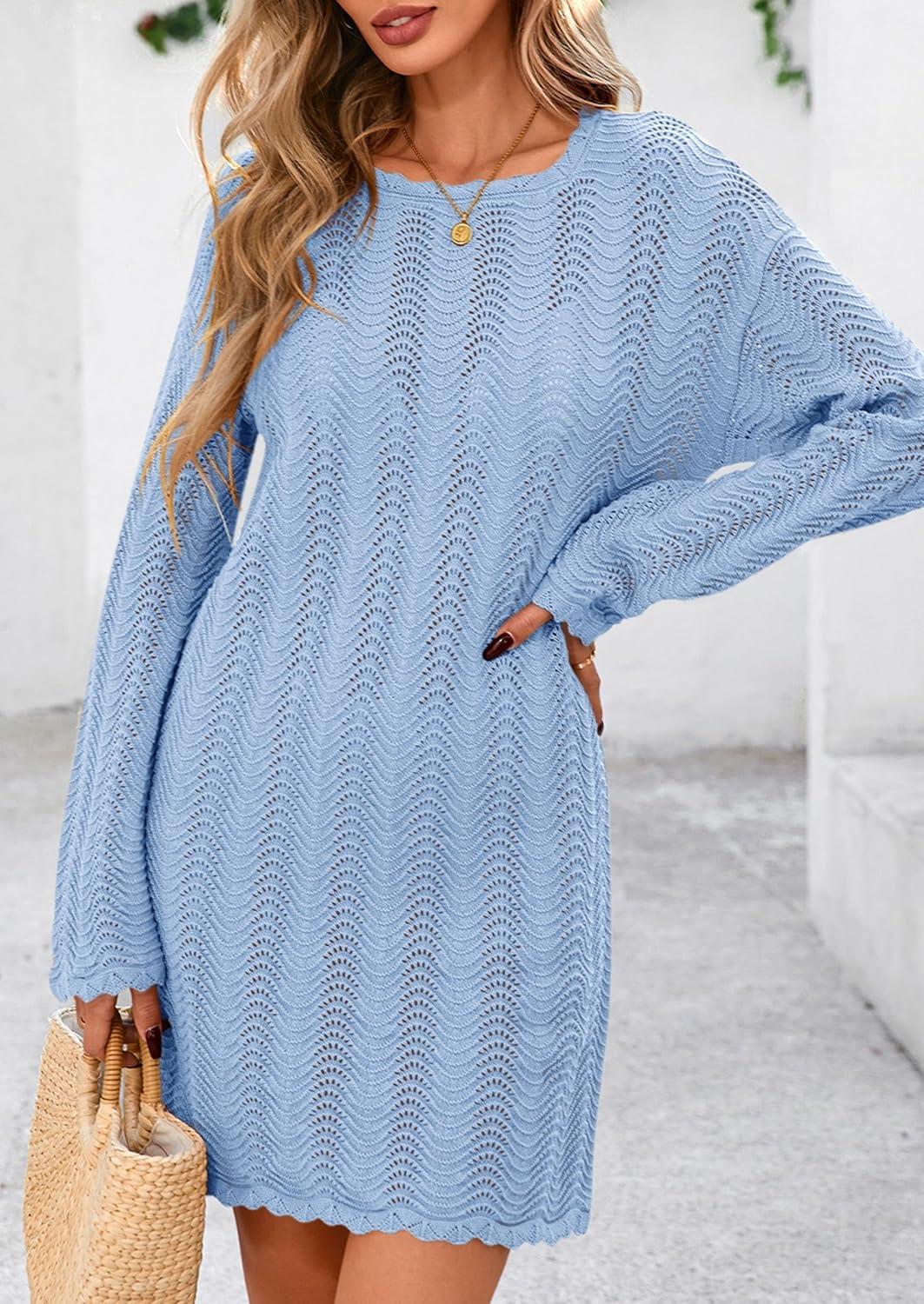 imagePRETTYGARDEN Womens Swimsuit Cover Up 2025 Summer Bathing Suit Swimwear Crochet Knit Dress Fashion Beach Vacation ClothesBlue