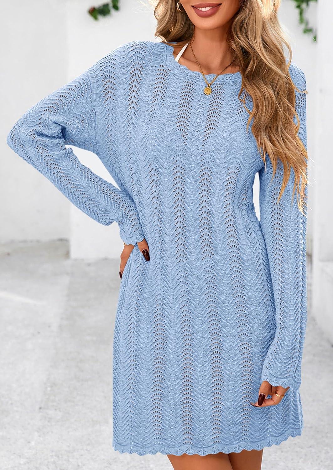 imagePRETTYGARDEN Womens Swimsuit Cover Up 2025 Summer Bathing Suit Swimwear Crochet Knit Dress Fashion Beach Vacation ClothesBlue