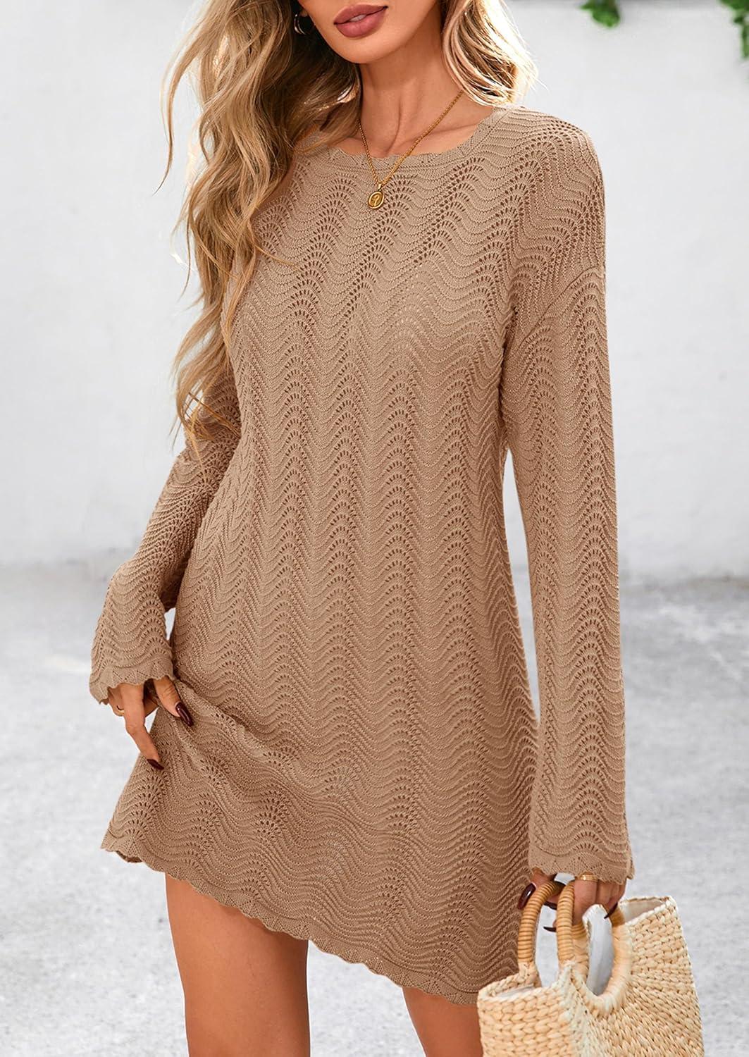 imagePRETTYGARDEN Womens Swimsuit Cover Up 2025 Summer Bathing Suit Swimwear Crochet Knit Dress Fashion Beach Vacation ClothesDark Khaki