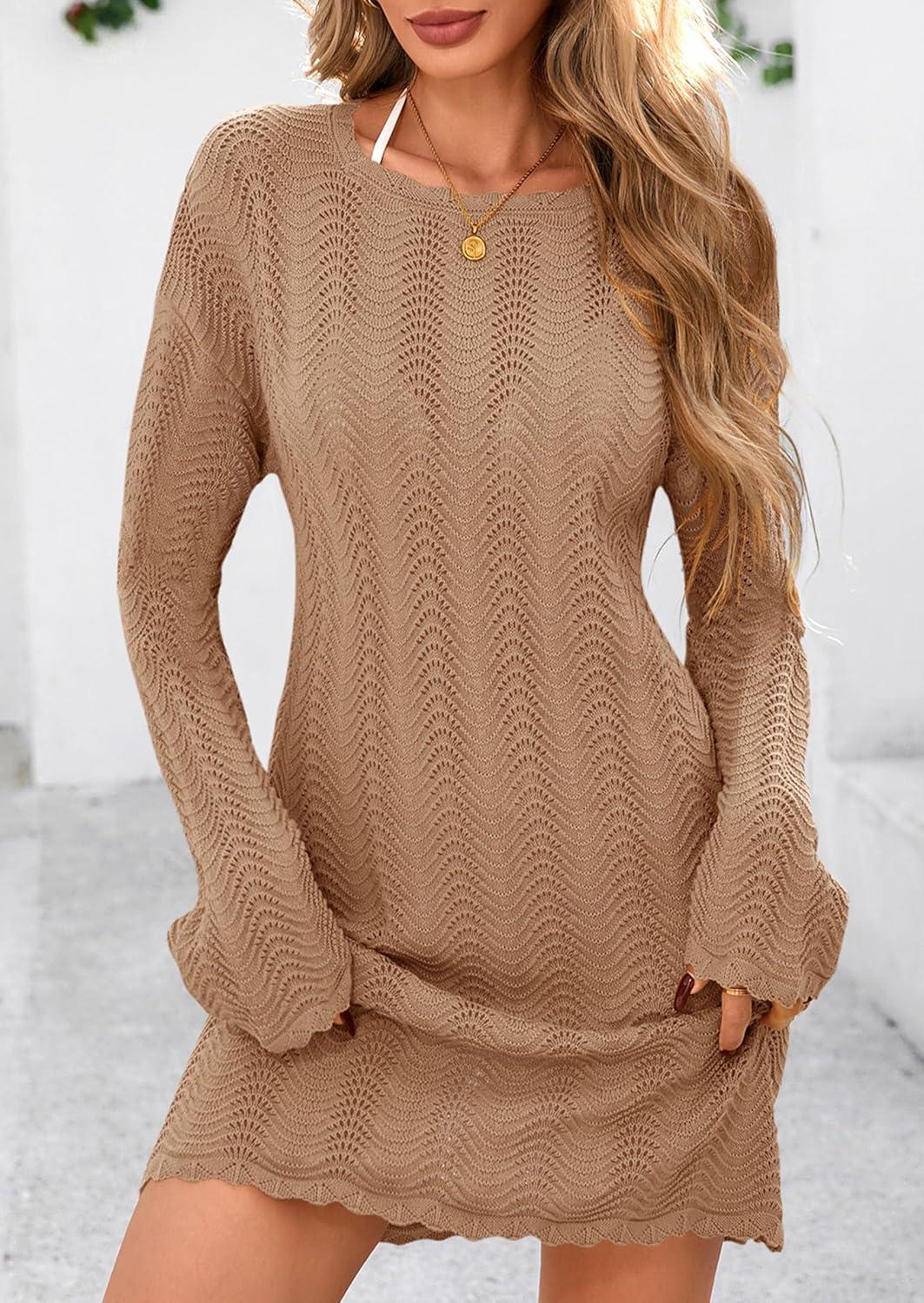imagePRETTYGARDEN Womens Swimsuit Cover Up 2025 Summer Bathing Suit Swimwear Crochet Knit Dress Fashion Beach Vacation ClothesDark Khaki