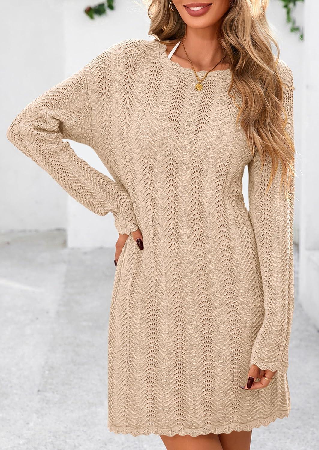 imagePRETTYGARDEN Womens Swimsuit Cover Up 2025 Summer Bathing Suit Swimwear Crochet Knit Dress Fashion Beach Vacation ClothesLight Khaki