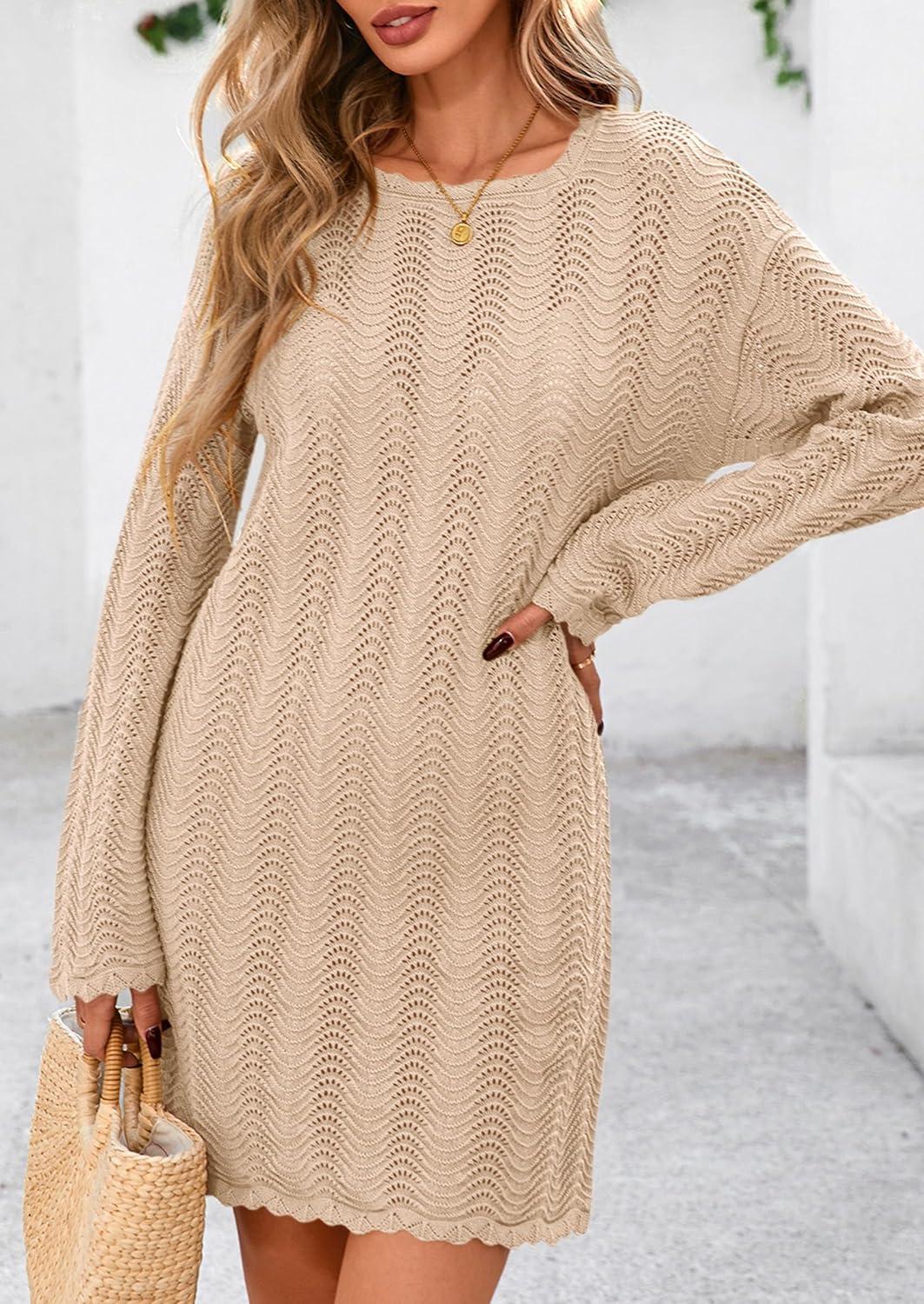 imagePRETTYGARDEN Womens Swimsuit Cover Up 2025 Summer Bathing Suit Swimwear Crochet Knit Dress Fashion Beach Vacation ClothesLight Khaki