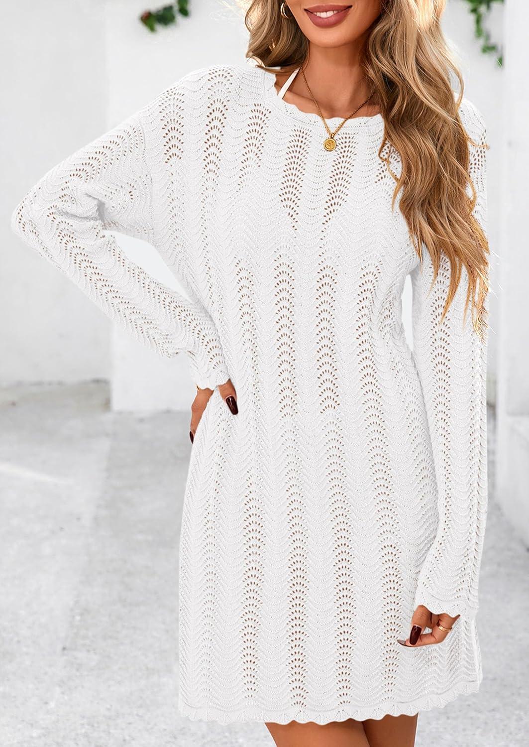 imagePRETTYGARDEN Womens Swimsuit Cover Up 2025 Summer Bathing Suit Swimwear Crochet Knit Dress Fashion Beach Vacation ClothesWhite