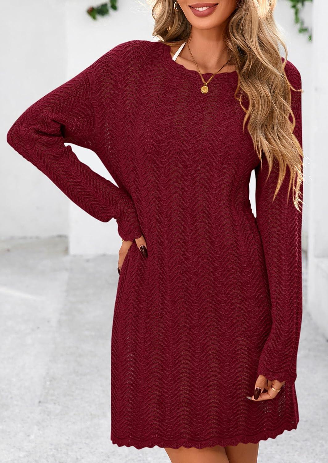 imagePRETTYGARDEN Womens Swimsuit Cover Up 2025 Summer Bathing Suit Swimwear Crochet Knit Dress Fashion Beach Vacation ClothesWine Red