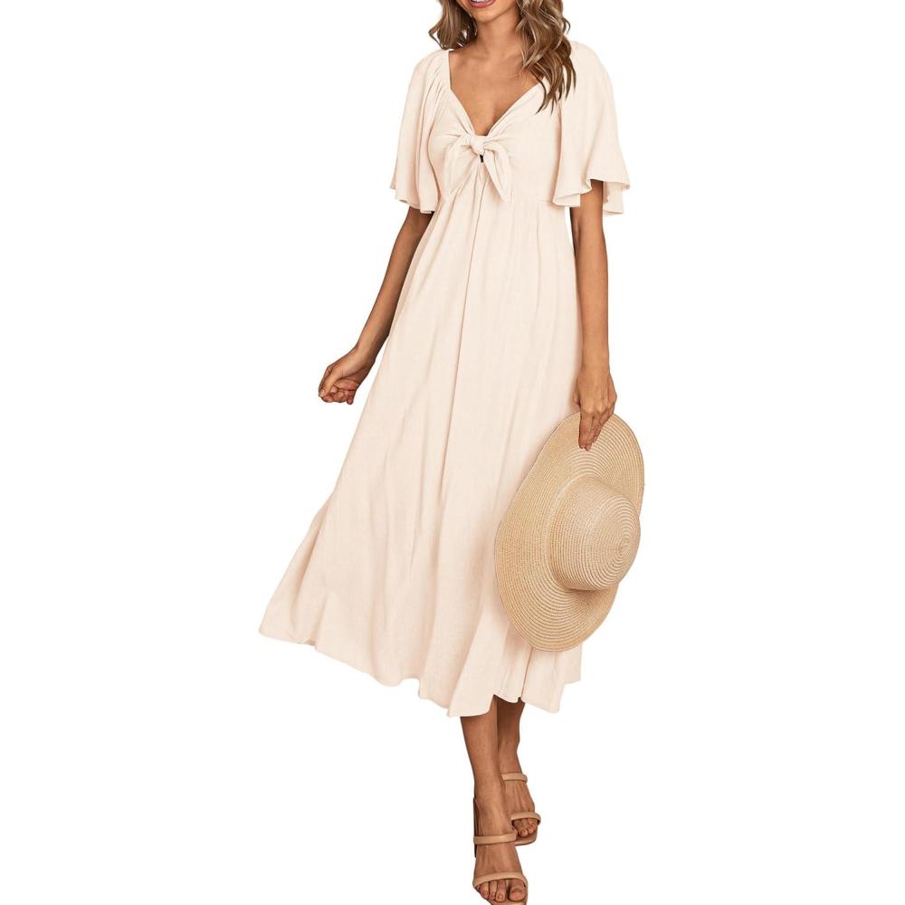 imagePRETTYGARDEN Summer Dress for Women 2026 Casual Short Sleeve Bow Tie V Neck Ruffle Midi Flowy Dresses