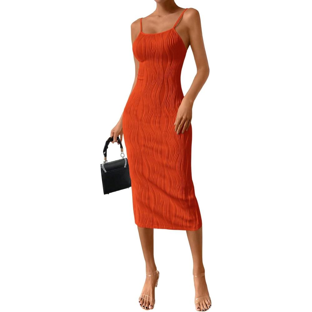 imagePRETTYGARDEN Summer Dresses for Women Sleeveless Bodycon Dress Textured Back Slit Sexy Cocktail Party Beach Vacation ClothesOrange