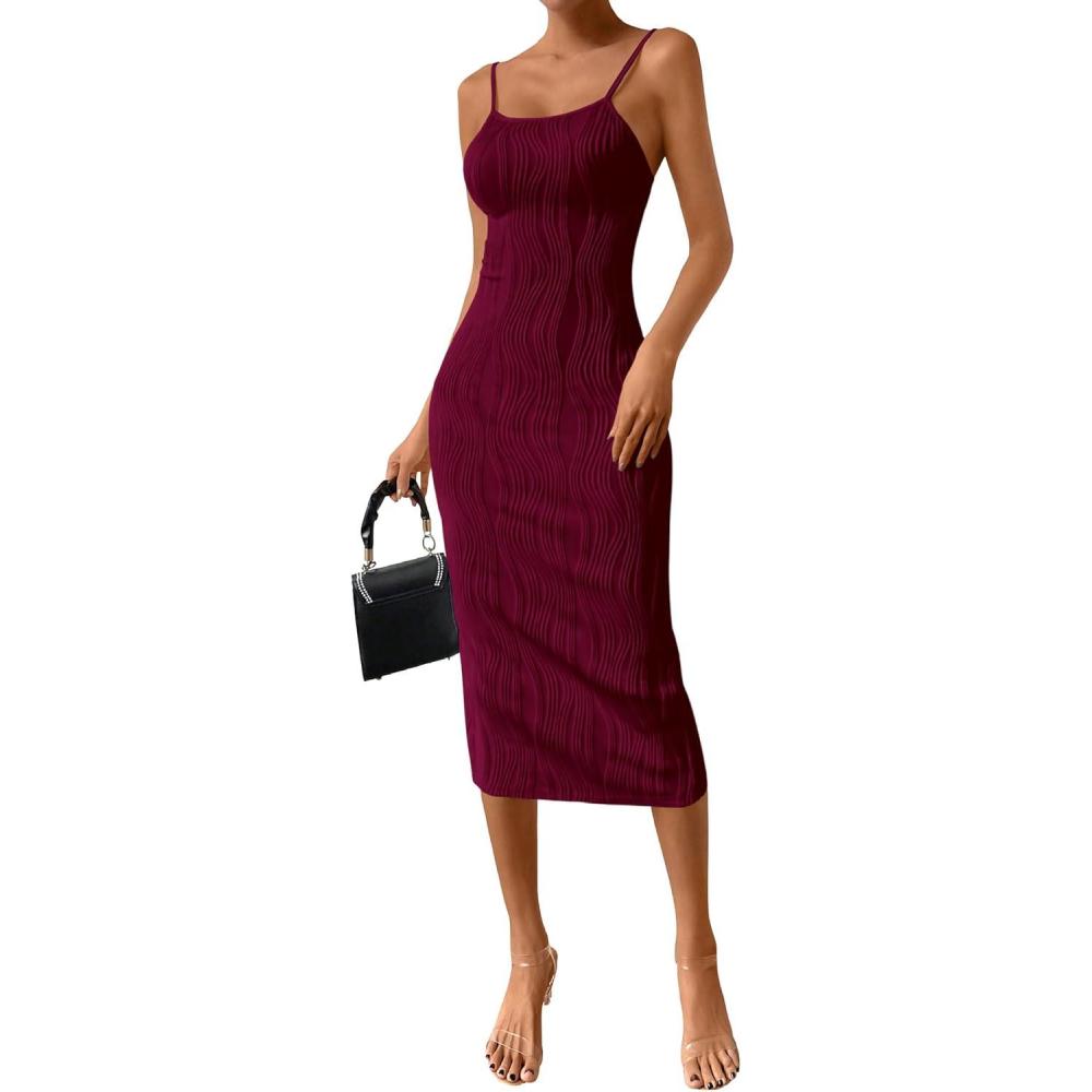 imagePRETTYGARDEN Summer Dresses for Women Sleeveless Bodycon Dress Textured Back Slit Sexy Cocktail Party Beach Vacation ClothesWine Red
