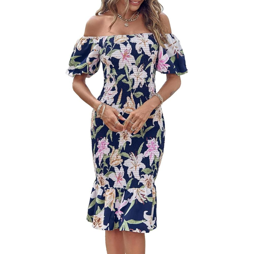 imagePRETTYGARDEN Summer Floral Bodycon Midi Dresses 2026 Puff Sleeve Mermaid Cocktail Baby Shower Photoshoot Maternity DressFloral Navy White