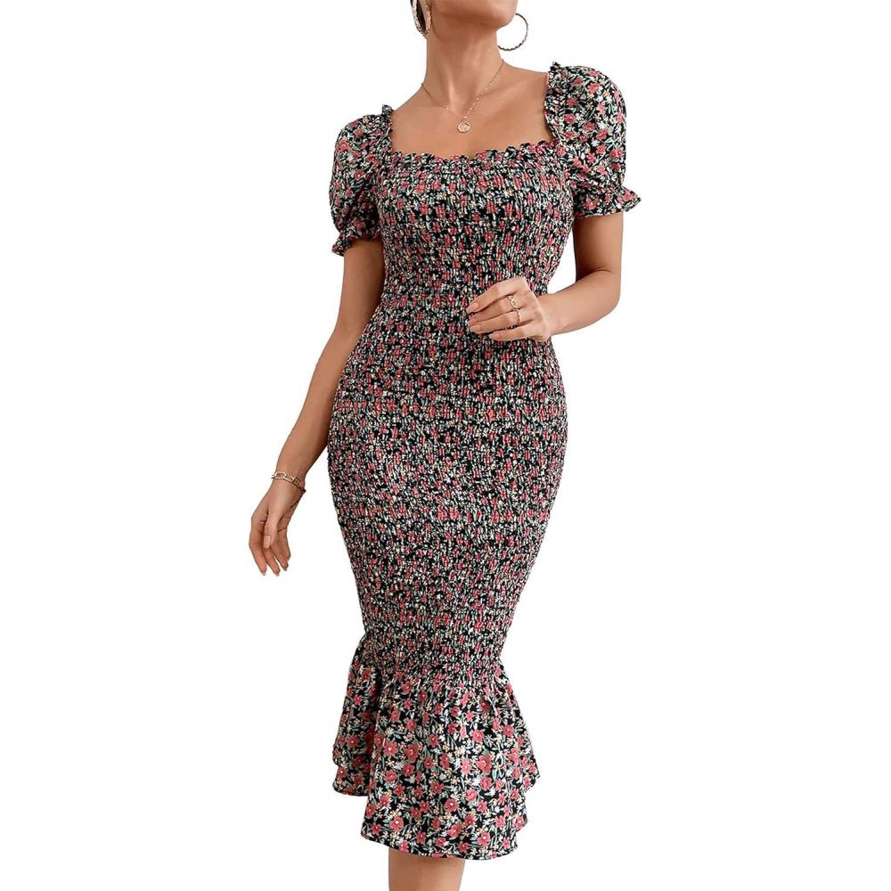 imagePRETTYGARDEN Summer Floral Bodycon Midi Dresses 2026 Puff Sleeve Mermaid Cocktail Baby Shower Photoshoot Maternity DressOrange