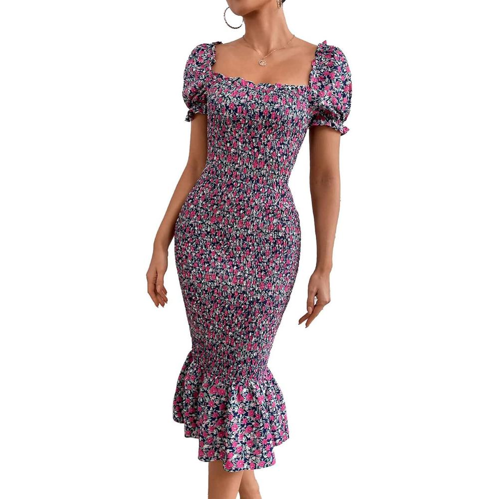 imagePRETTYGARDEN Summer Floral Bodycon Midi Dresses 2026 Puff Sleeve Mermaid Cocktail Baby Shower Photoshoot Maternity DressPurple