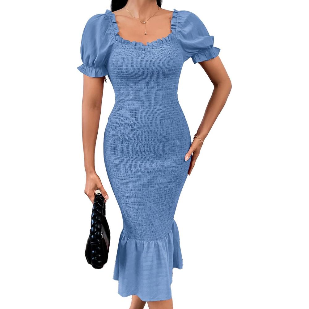 imagePRETTYGARDEN Summer Floral Bodycon Midi Dresses 2026 Puff Sleeve Mermaid Cocktail Baby Shower Photoshoot Maternity DressSolid Blue