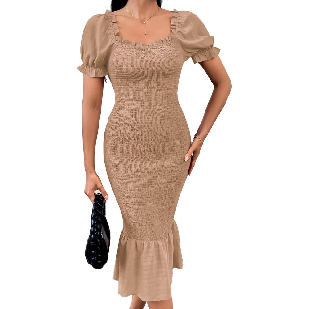 imagePRETTYGARDEN Summer Floral Bodycon Midi Dresses 2026 Puff Sleeve Mermaid Cocktail Baby Shower Photoshoot Maternity DressSolid Khaki
