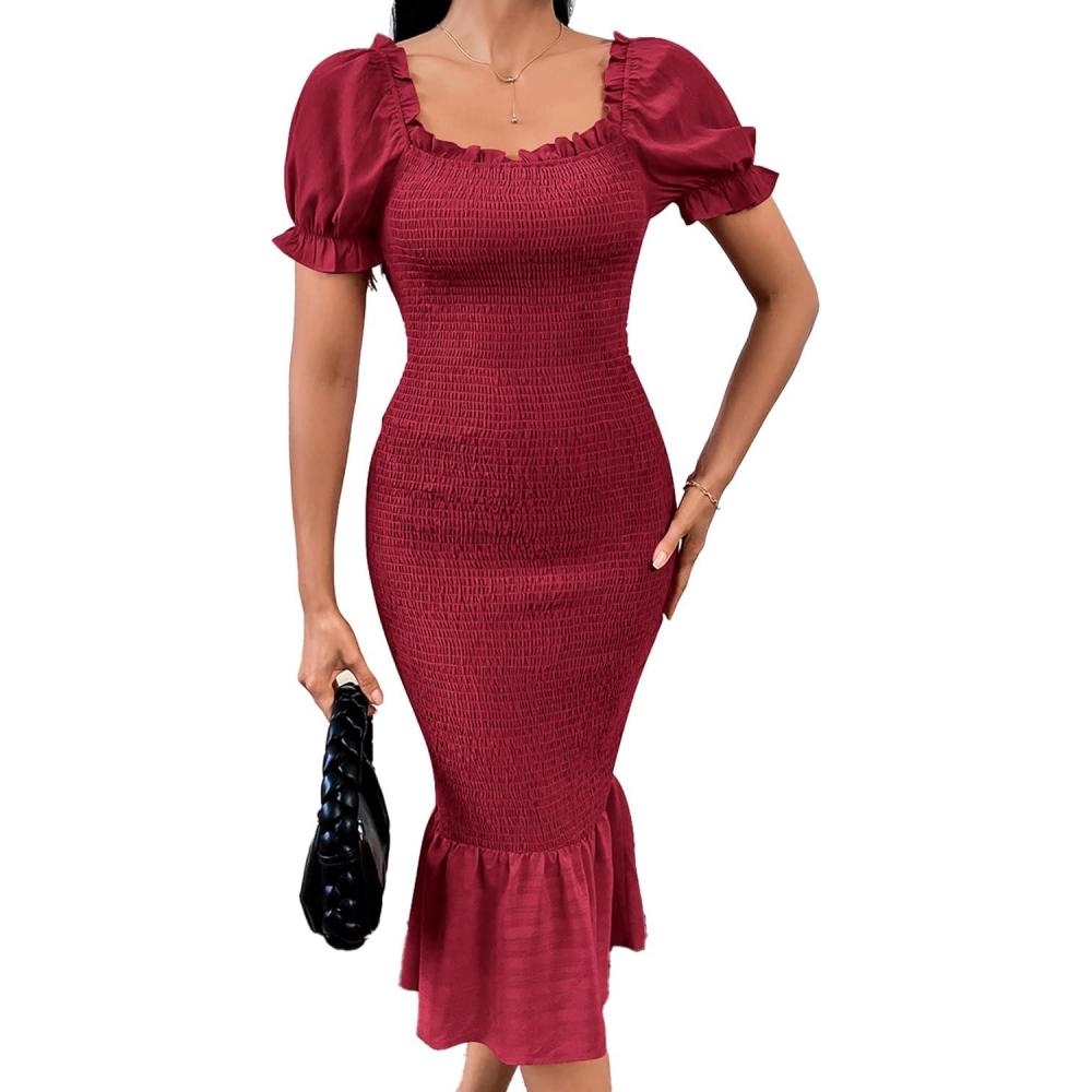 imagePRETTYGARDEN Summer Floral Bodycon Midi Dresses 2026 Puff Sleeve Mermaid Cocktail Baby Shower Photoshoot Maternity DressSolid Wine Red