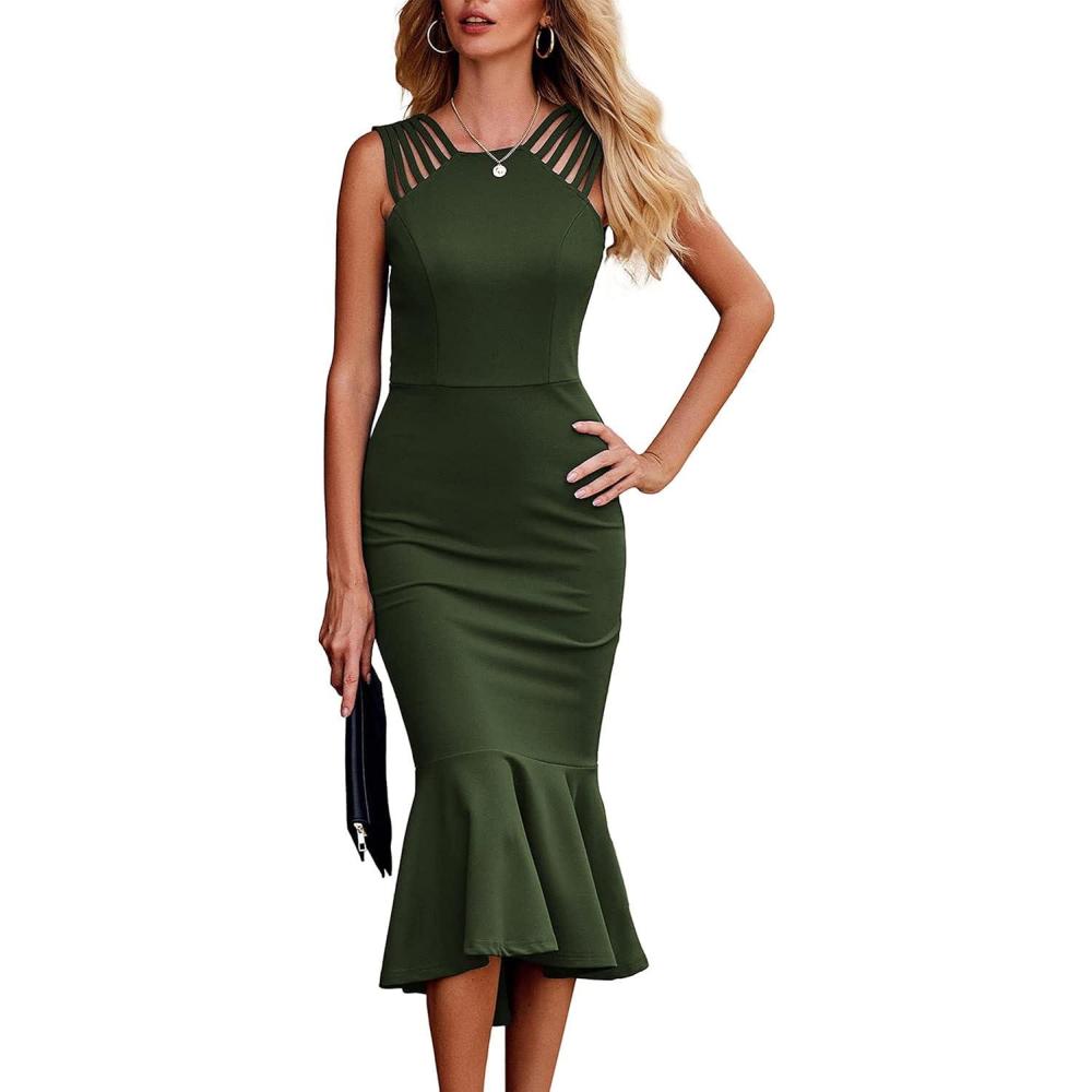 imagePRETTYGARDEN Womens Sleeveless Midi Bodycon Formal Dress Ruffle Mermaid Hem Elegant Cocktail Wedding Guest Midi DressesArmy Green