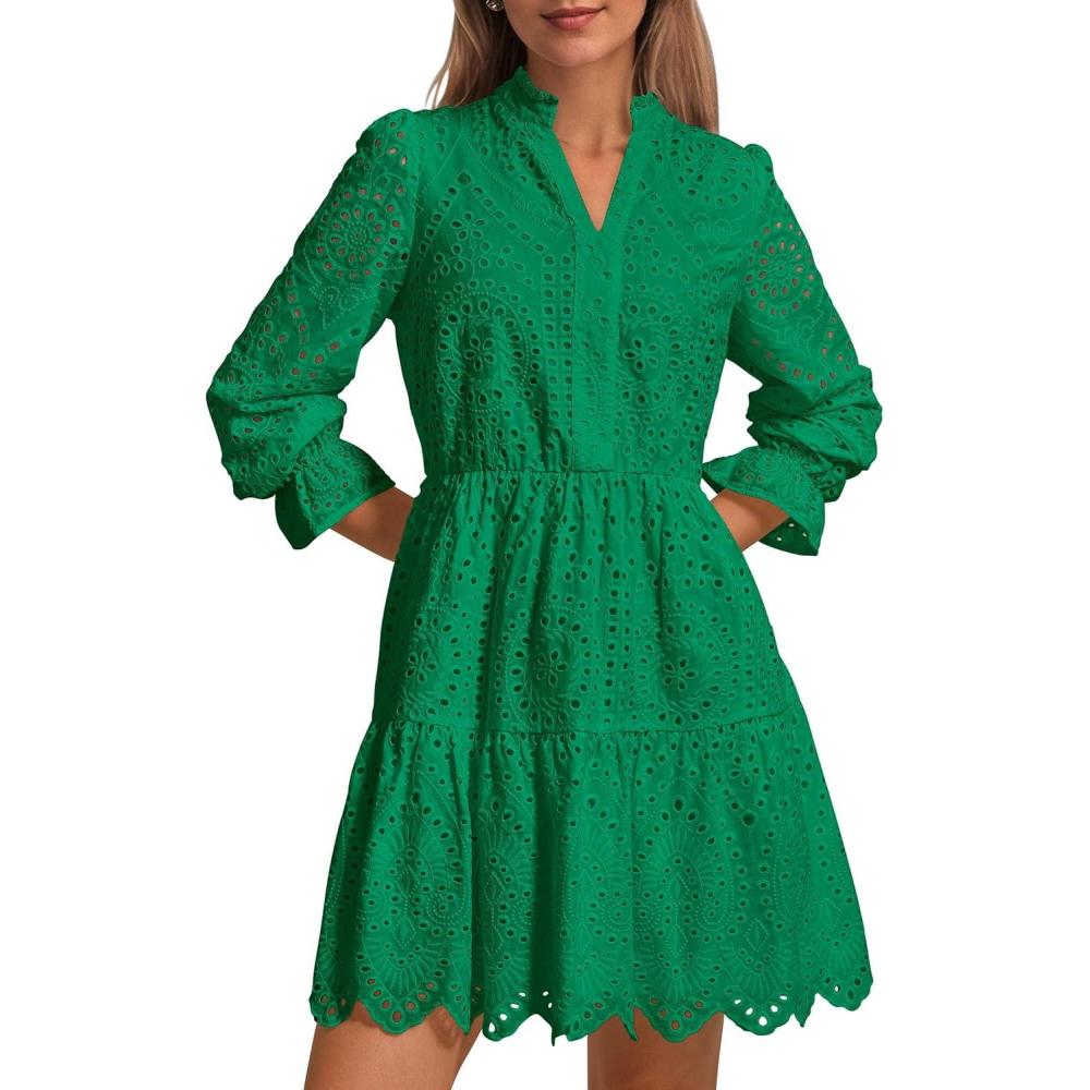imagePRETTYGARDEN Womens Spring 2025 Long Puff Sleeve Mini Dress Hollow Out Lace V Neck A Line Ruffle Casual Party DressesDark Green