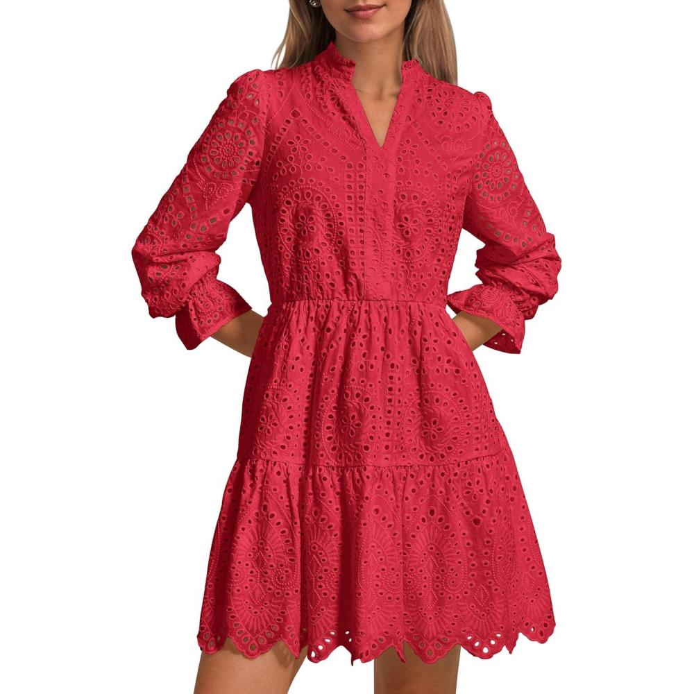 imagePRETTYGARDEN Womens Spring 2025 Long Puff Sleeve Mini Dress Hollow Out Lace V Neck A Line Ruffle Casual Party DressesRed