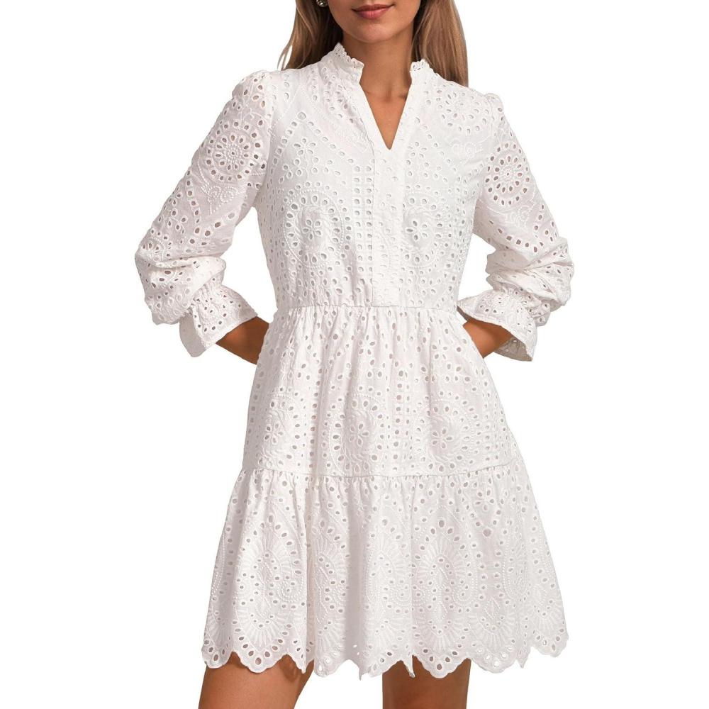 imagePRETTYGARDEN Womens Spring 2025 Long Puff Sleeve Mini Dress Hollow Out Lace V Neck A Line Ruffle Casual Party DressesWhite