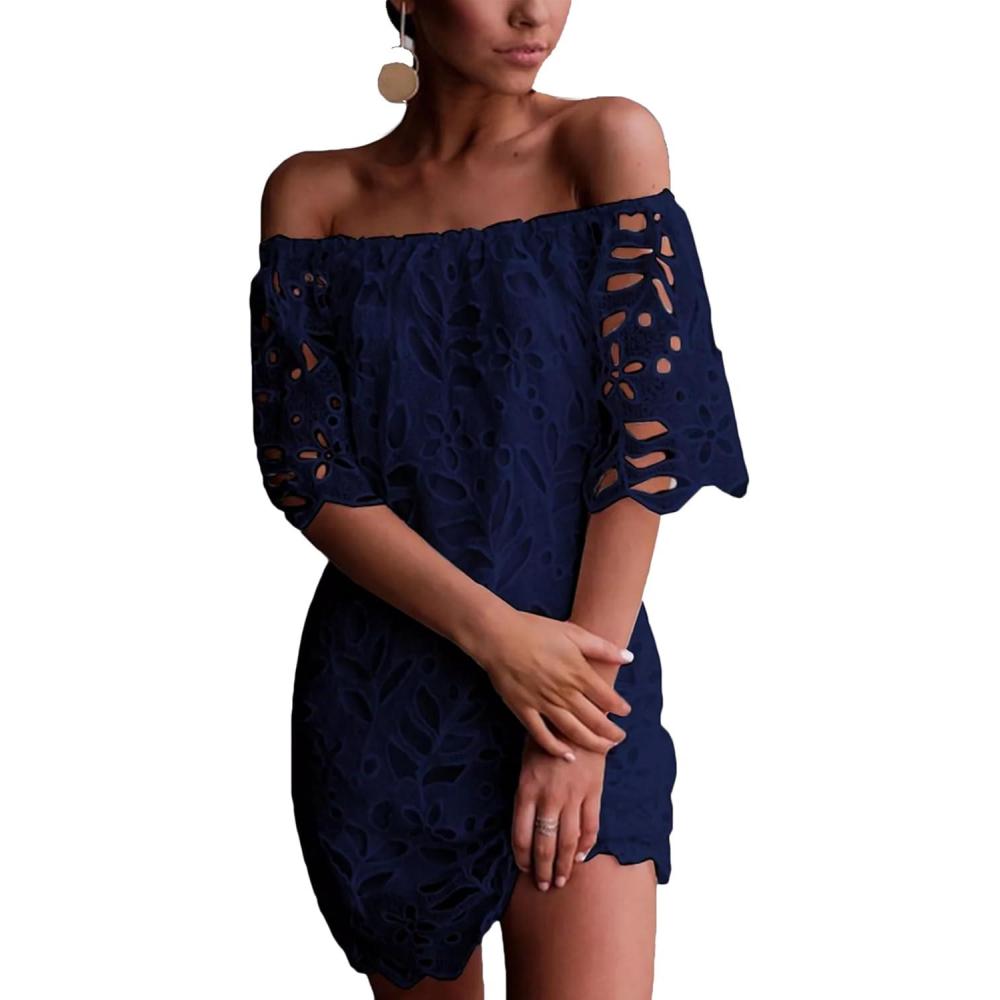 imagePRETTYGARDEN Womens Summer Off Shoulder Dresses Floral Lace Flare Short Sleeve Spring Vintage Elegant Mini DressNavy