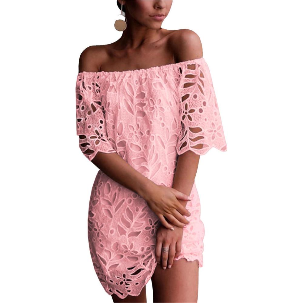 imagePRETTYGARDEN Womens Summer Off Shoulder Dresses Floral Lace Flare Short Sleeve Spring Vintage Elegant Mini DressPink