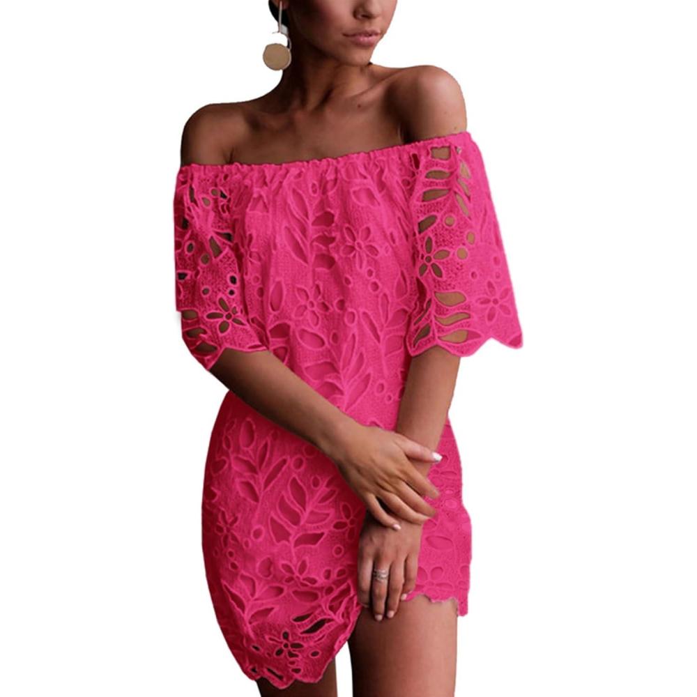 imagePRETTYGARDEN Womens Summer Off Shoulder Dresses Floral Lace Flare Short Sleeve Spring Vintage Elegant Mini DressRose Red