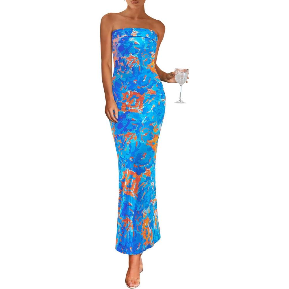 imagePRETTYGARDEN Womens Summer Printed Tube Maxi Dress Strapless Bodycon Sleeveless Long Beach Vacation DressesFloral Light Blue