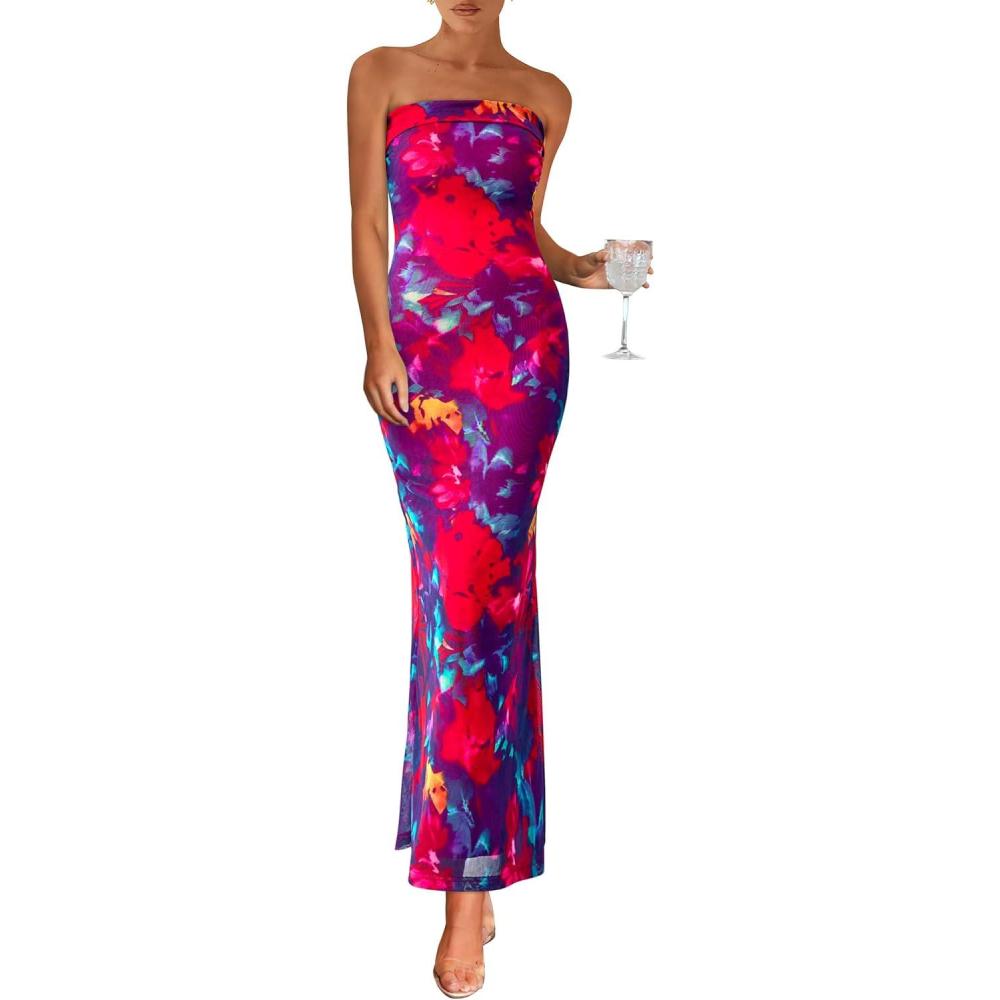 imagePRETTYGARDEN Womens Summer Printed Tube Maxi Dress Strapless Bodycon Sleeveless Long Beach Vacation DressesNavy Red Flower