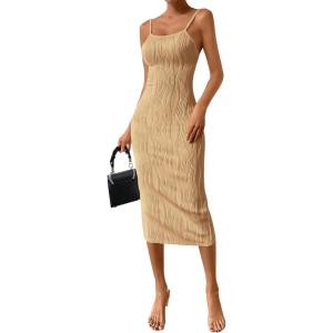 PRETTYGARDEN Summer Dresses for Women Sleeveless Bodycon Dress Textured Back Slit Sexy Cocktail Party Beach Vacation Clothes(Light Khaki)